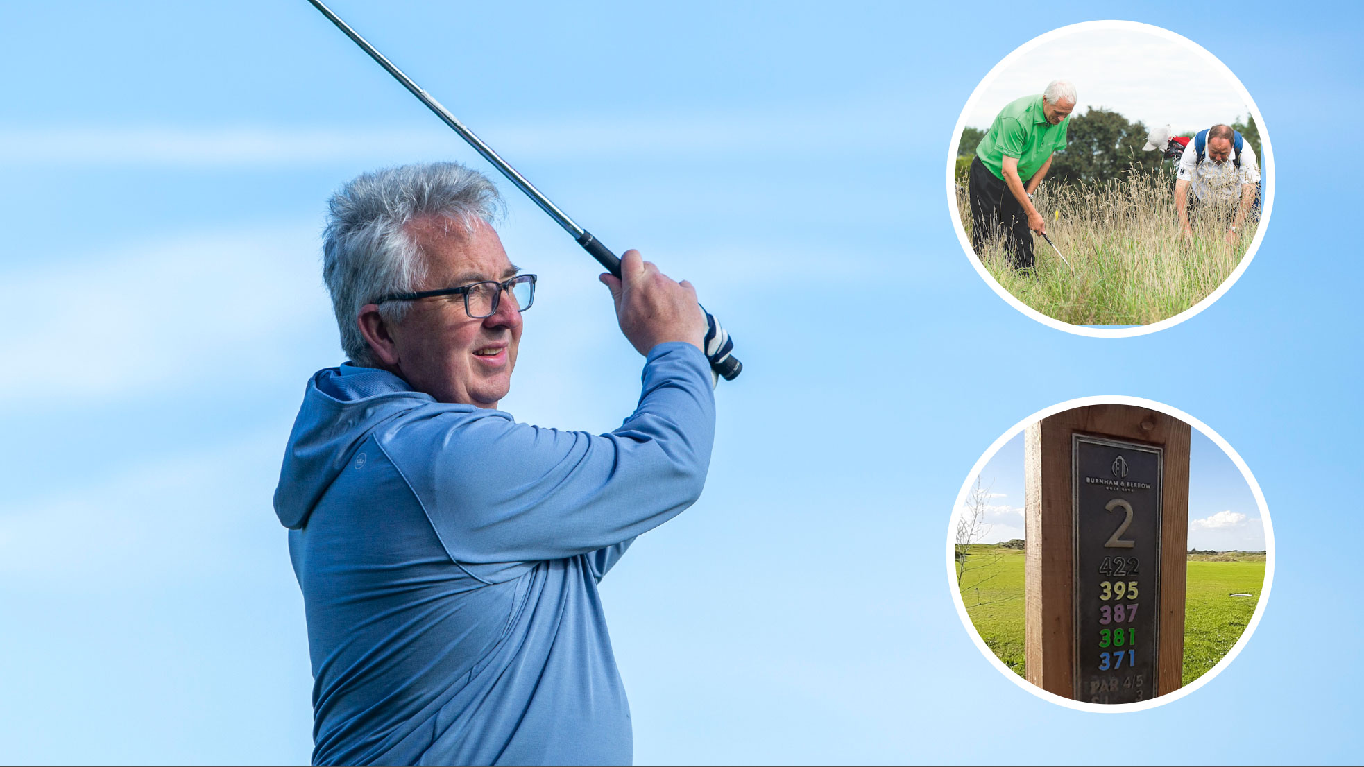 Jeremy Ellwood on a golf course with insets of golfers searching for golf balls and a tee marker