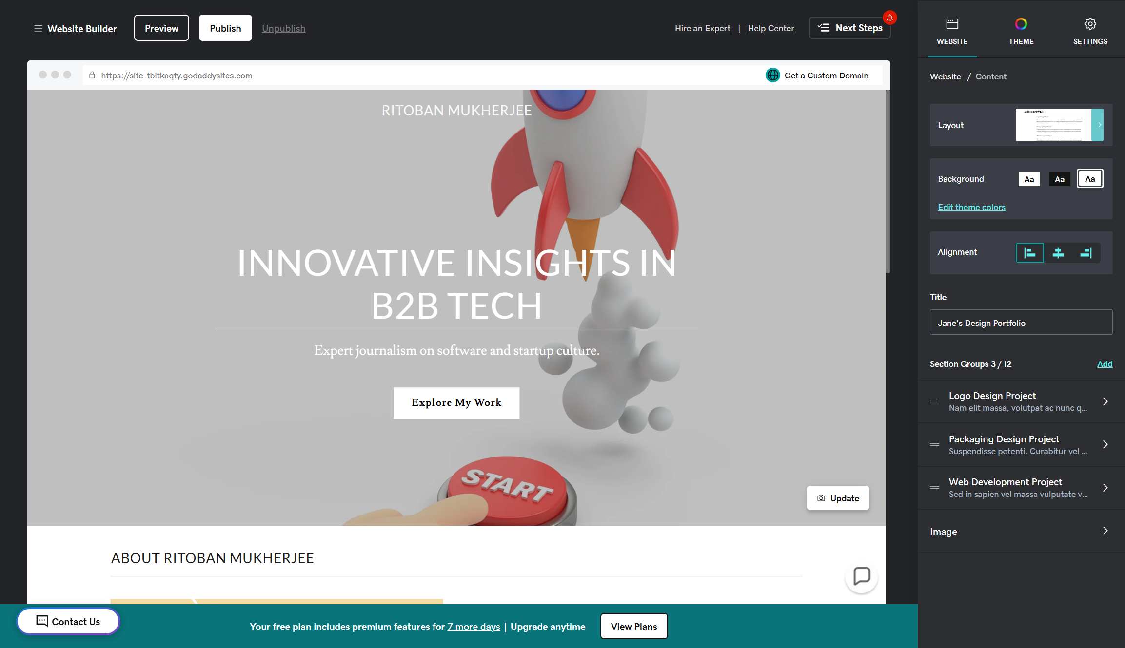 Screenshot of GoDaddy website builder&#039;s editor, including a website example with a rocket on and dark grey side panel.