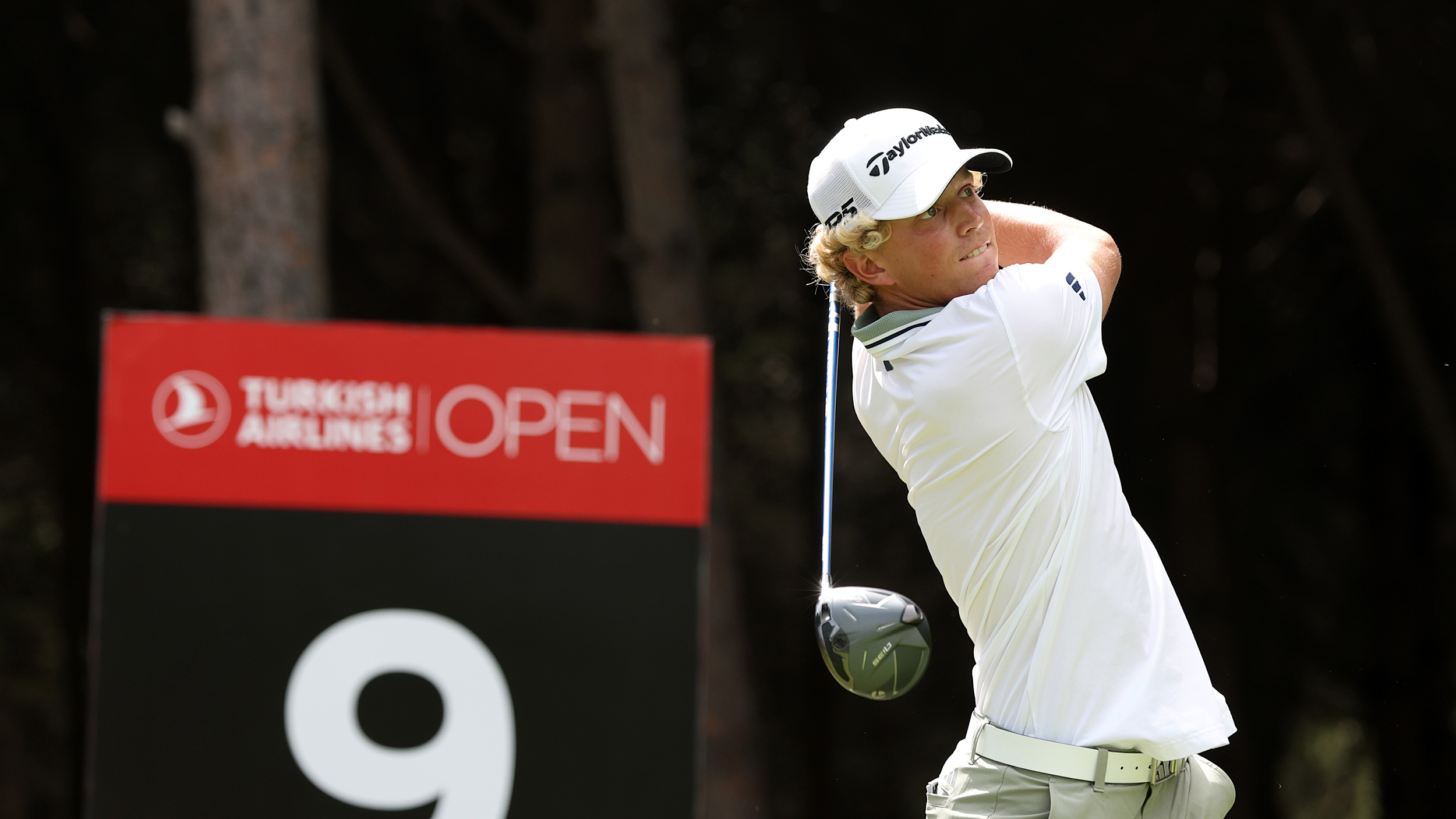 Martin Couvra hits driver on the ninth hole at the 2025 Turkish Airlines Open