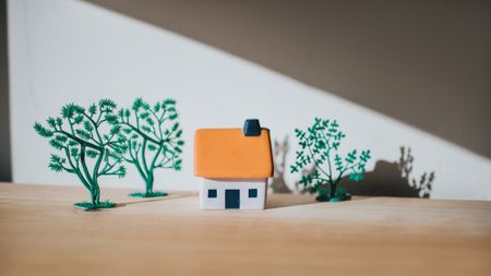 Tiny house with an orange roof in sunlight, casting shadow, surrounded by toy trees.