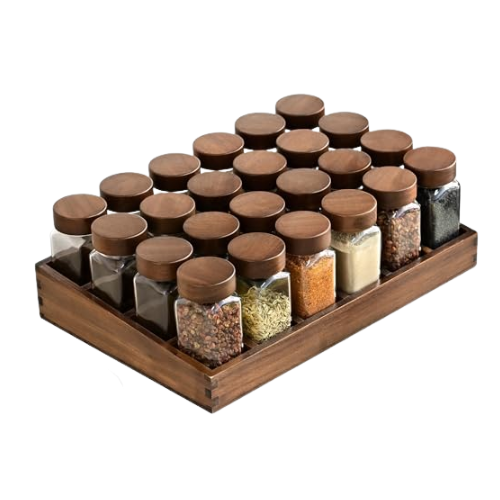 Dsuid Elegant Acacia Wood Tray Spice Rack | Spice Rack Wood + 24 120 Ml Spice Jars Square | 180 Spice Labels | Natural Spice Organiser | Spice Storage