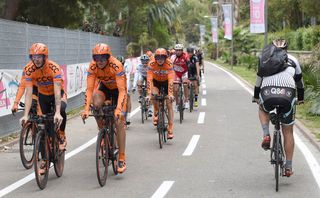 Teams training for the opening stage of the Giro mixed it up with regular users of the bike path