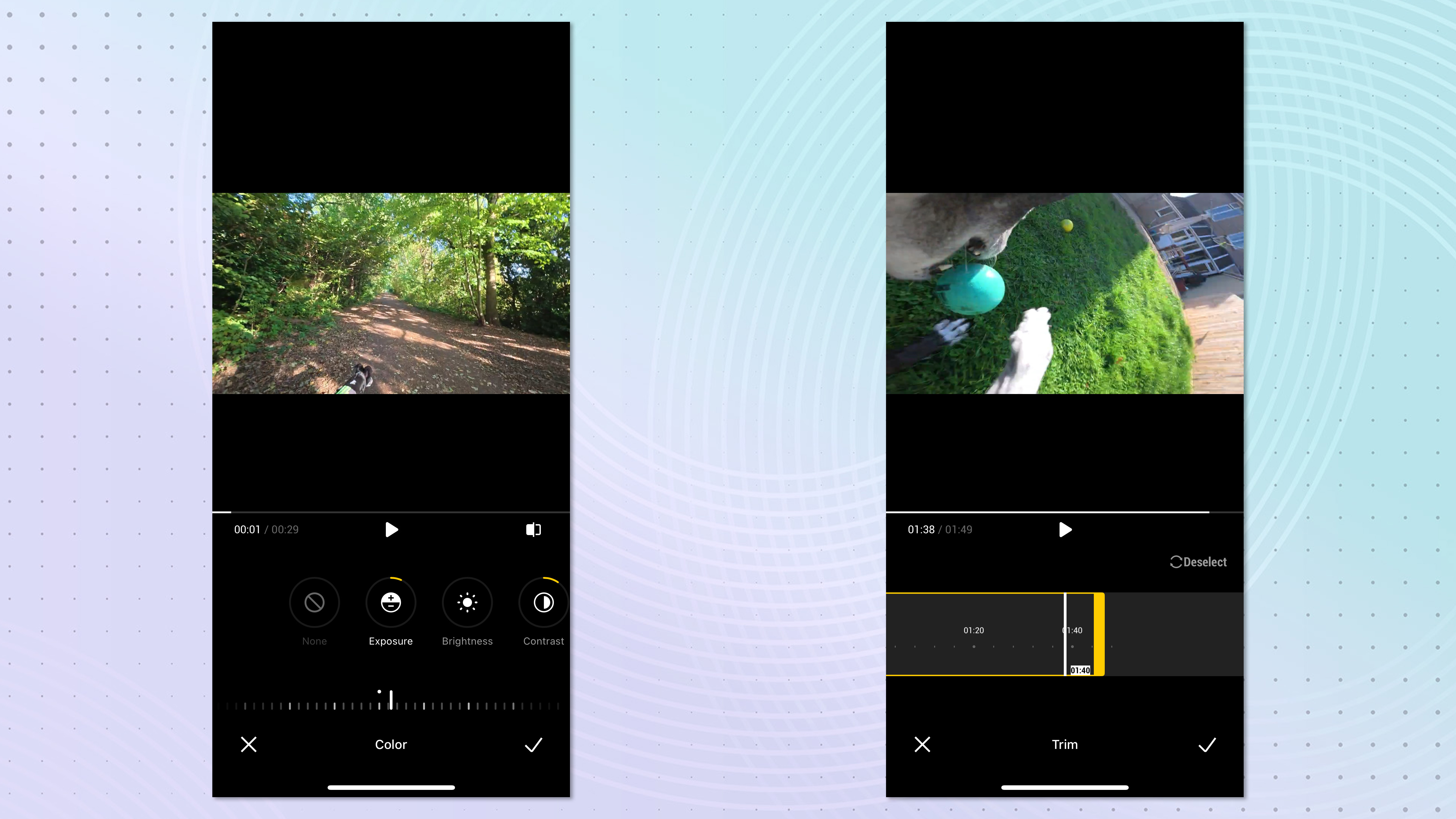 Two screenshots of the DJI Mimo app in use, on a colorful background