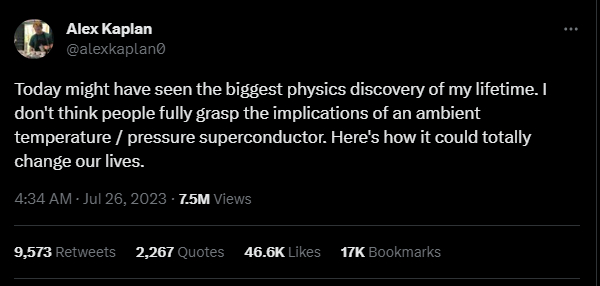 A screenshot of a tweet from Alex Kaplan on the superconductor breakthrough