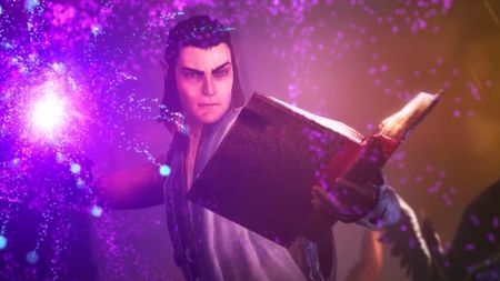 Pillars of Eternity 2 wizard holding a book surrounded by pink light