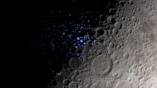 A view of the south pole of the moon that marks permanently shadowed regions (PSRs), where the sun never shines.