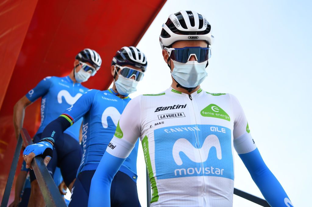 SABIANIGO SPAIN OCTOBER 24 Start Enric Mas Nicolau of Spain and Movistar Team Alejandro Valverde Belmonte of Spain and Movistar Team Mask Covid safety measures Team Presentation during the 75th Tour of Spain 2020 Stage 5 a 1844km Huesca to Sabinigo 835m lavuelta LaVuelta20 La Vuelta on October 24 2020 in Sabinigo Spain Photo by Justin SetterfieldGetty Images