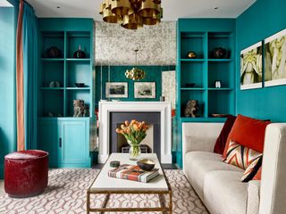 blue living room with orange carpet