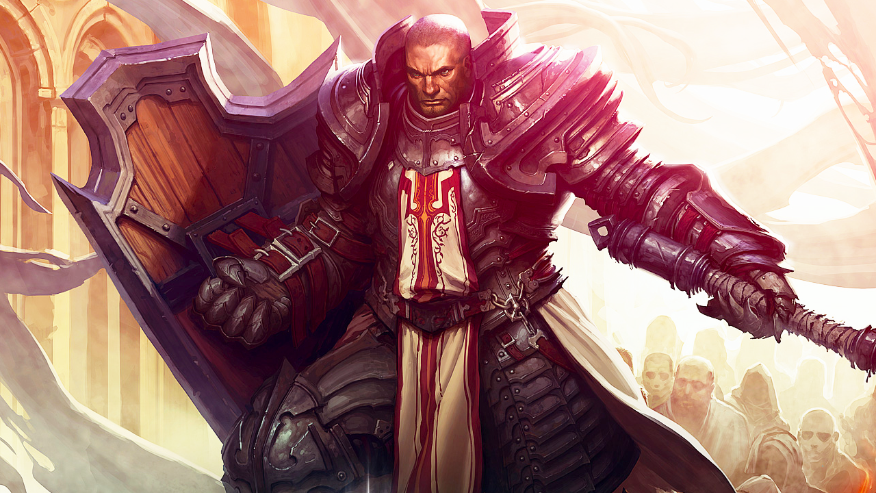 A hulking crusader character from Diablo 3 Reaper of Souls. He is standing in front of a crowd of people bathed in sunlight and armed with a massive shield and mace and covered in dark plated armor.