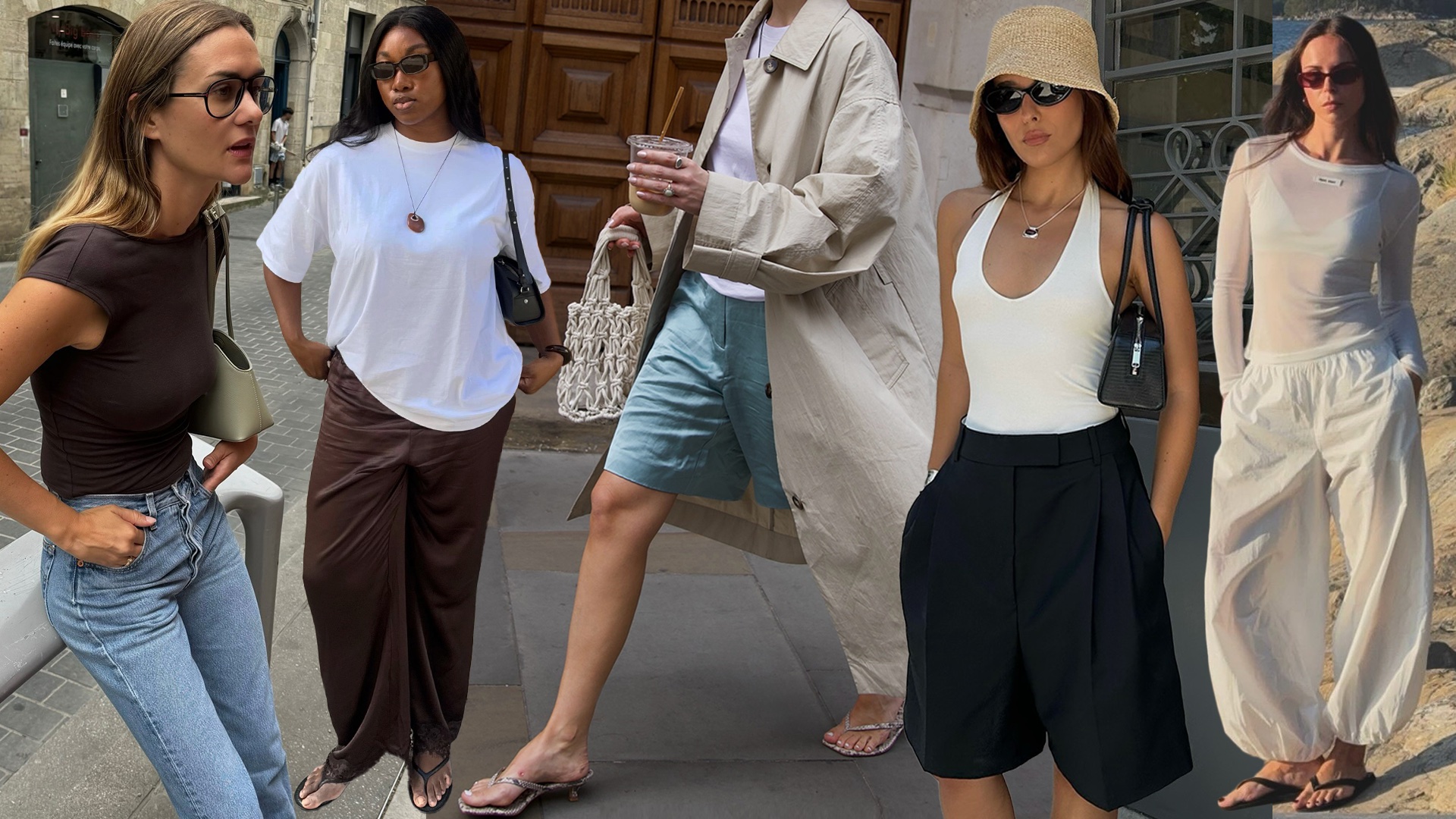 fashion collage featuring five European style influencers wearing chic summer 2026 outfits with flip-flop sandals
