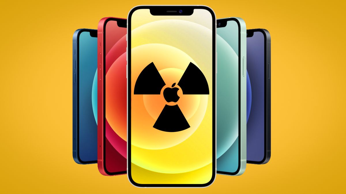 A collage of iPhone 12 handsets with the radioactive warning sign displayed on screen