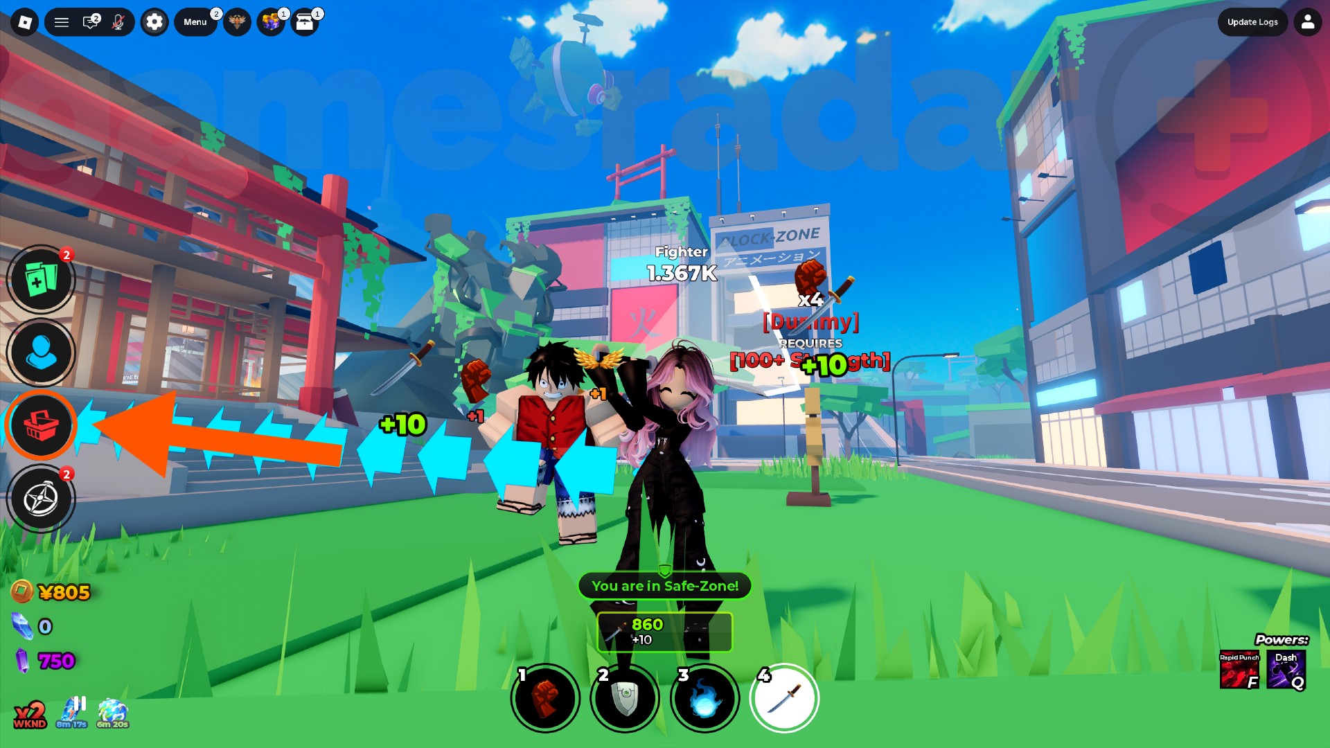 An orange arrow points to the shop section where you can redeem Anime Fighting Simulator codes.