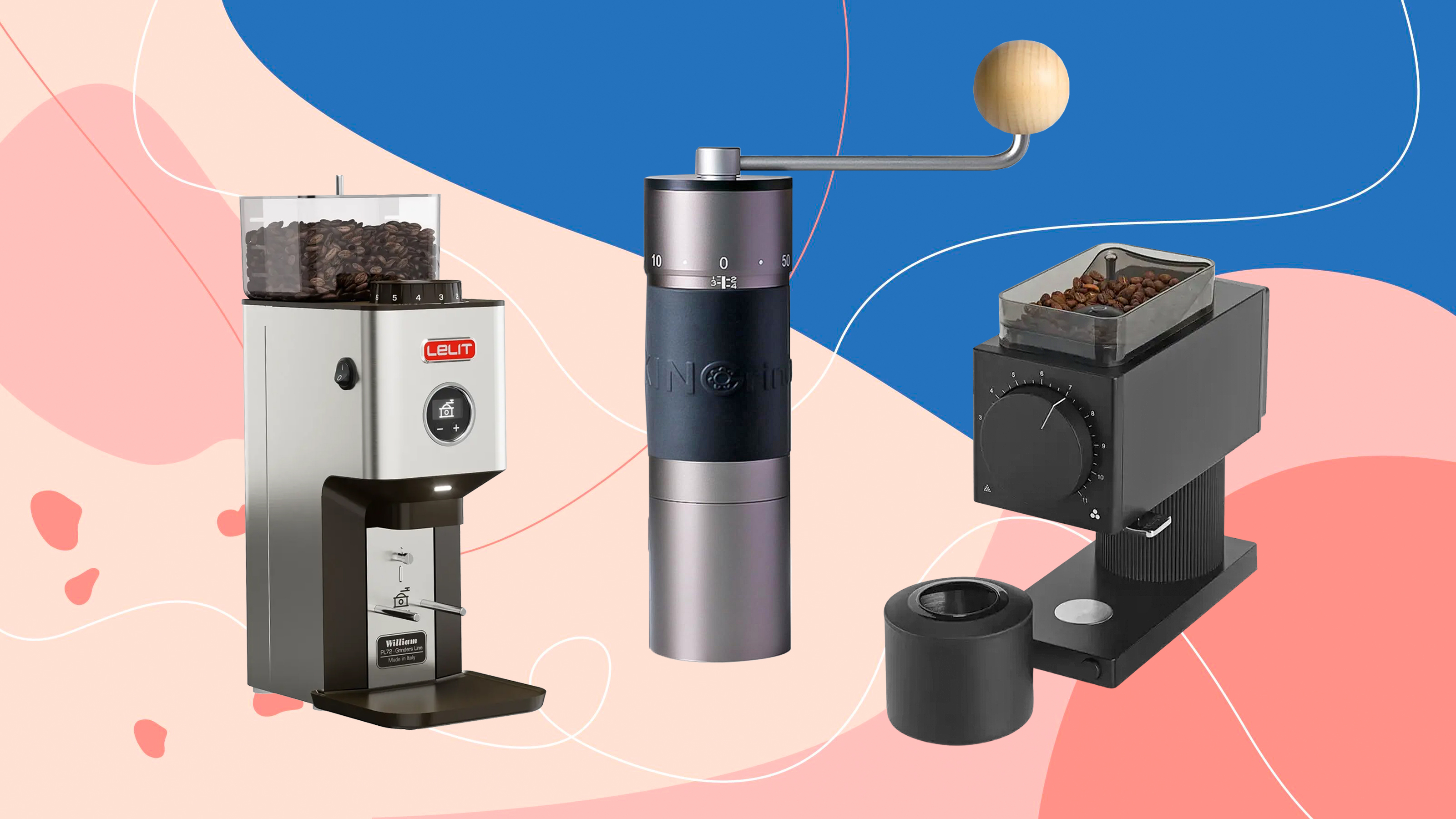 Three of the best coffee grinders on a graphic style background