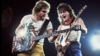 Michael Anthony and Eddie Van Halen perform with Van Halen at the Rosemont Horizon, Rosemont, Illinois, March 15, 1986. 