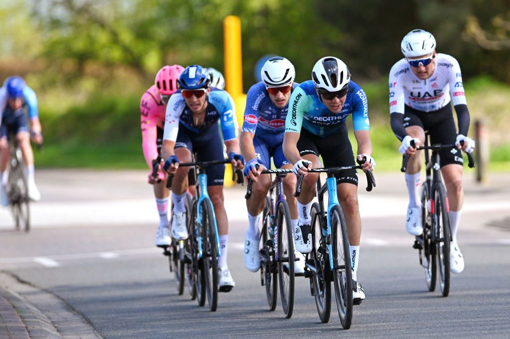 OVERIJSE BELGIUM APRIL 10 LR Benoit Cosnefroy of France and Decathlon AG2R La Mondiale Team and Tim Wellens of Belgium and UAE Team Emirates compete in the breakaway during the 64th De Brabantse Pijl La Fleche Brabanconne 2024 Mens Elite a 1952km one day race from Leuven to Overijse on April 10 2024 in Overijse Belgium Photo by Luc ClaessenGetty Images