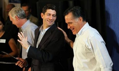 Mitt Romney jokes with Rep Paul Ryan (R-Wis.) during a pancake brunch at Bluemound Gardens on April 1 in Milwaukee: On Saturday morning, Romney alerted supporters via an iPhone app that he ha
