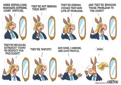 Political cartoon U.S. Brett Kavanaugh Trump sexual assault allegation Democrat Republican Supreme Court