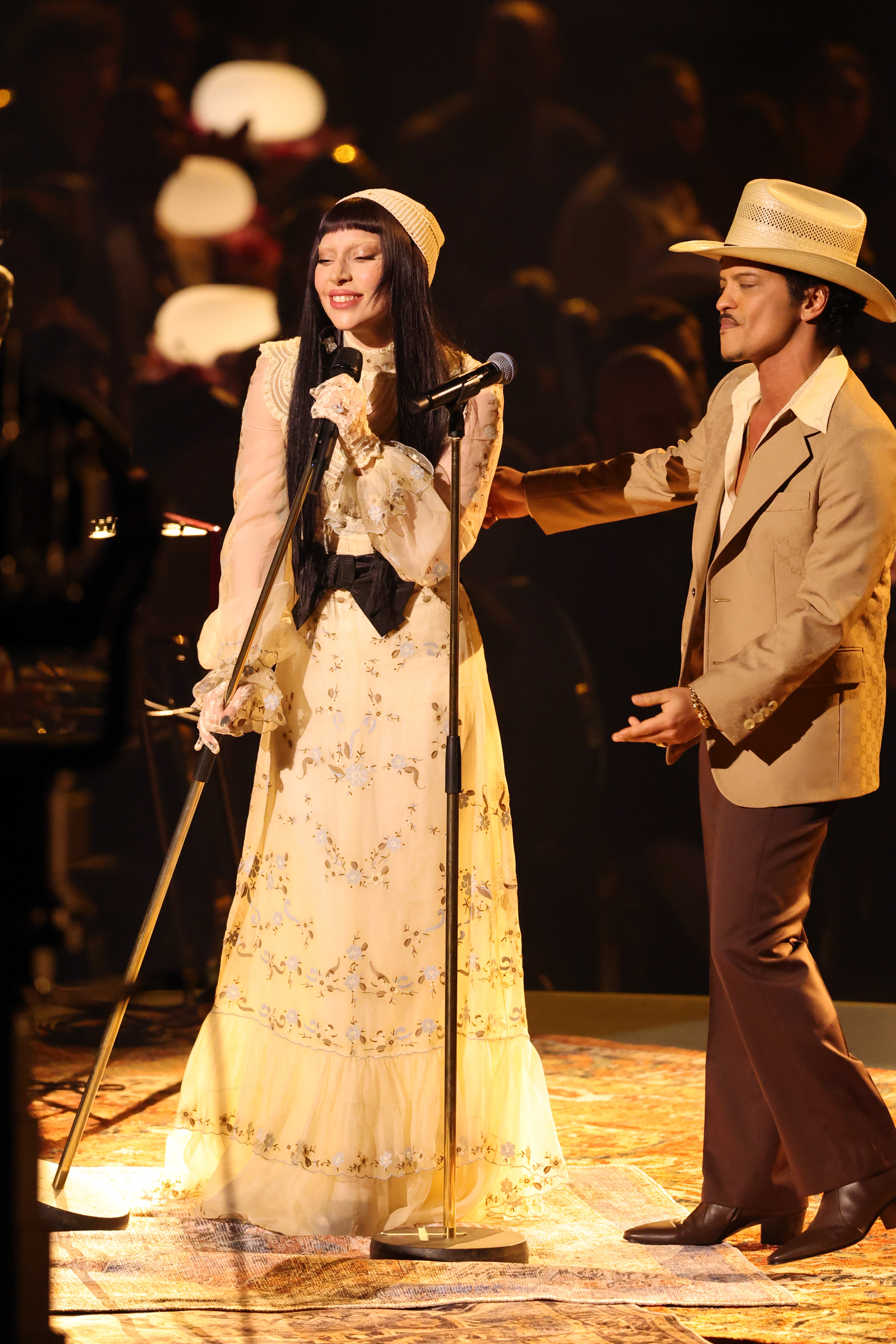 LOS ANGELES, CALIFORNIA - FEBRUARY 02: (FOR EDITORIAL USE ONLY) (L-R) Lady Gaga and Bruno Mars perform onstage during the 67th GRAMMY Awards at Crypto.com Arena on February 02, 2025 in Los Angeles, California. (Photo by Amy Sussman/Getty Images)