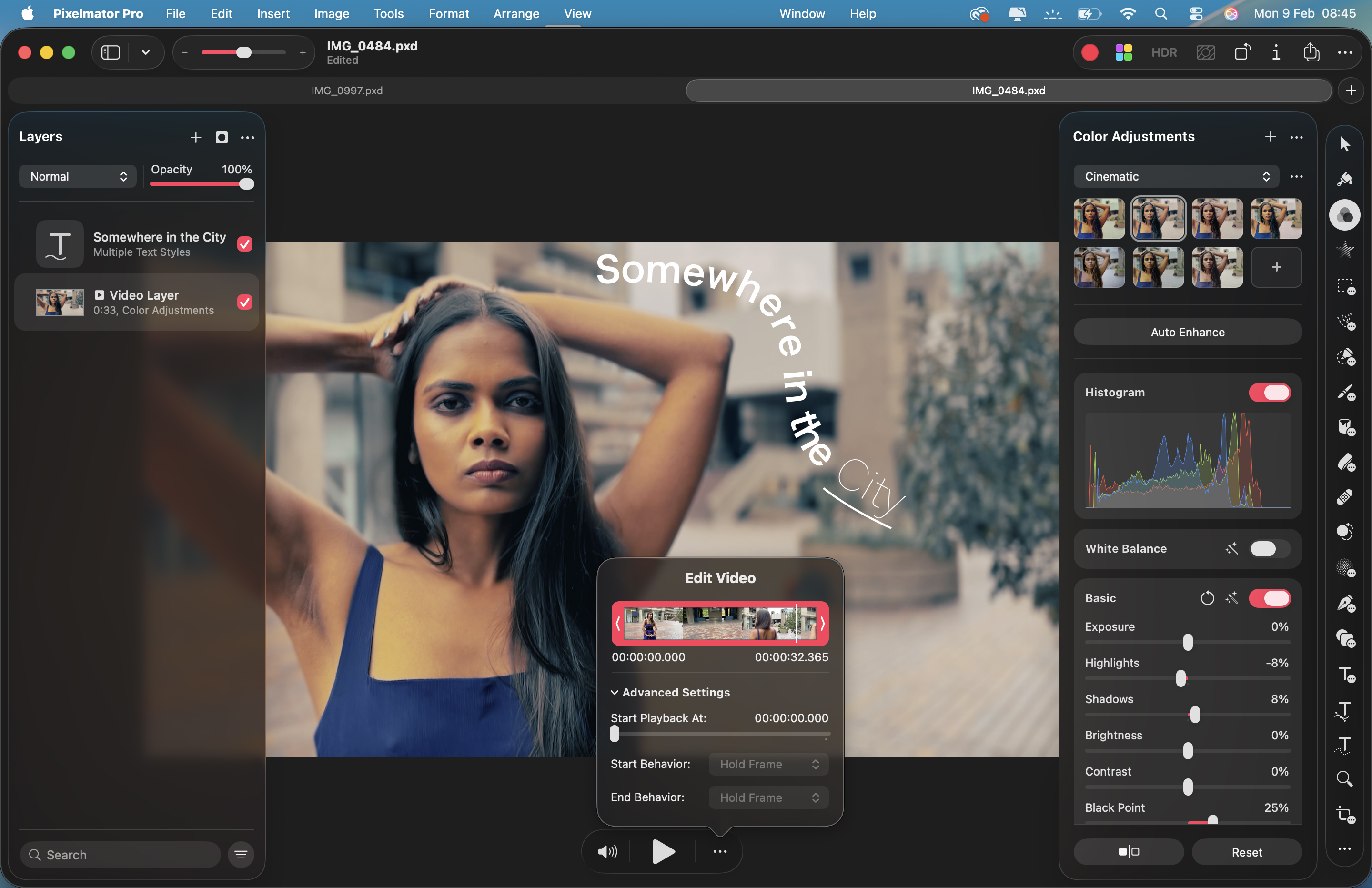 Pixelmator Pro 4: A shot of a video clip in the Pixelmator Pro 4 workspace. A Cinematic effect has been used to creatively adjust the clip&amp;rsquo;s color and tone. A text layer has been added.