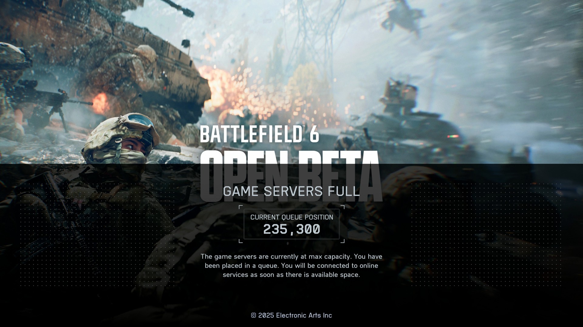 A screen showing that game servers are full in Battlefield 6 open beta, with a queue of hundreds of thousands to get in