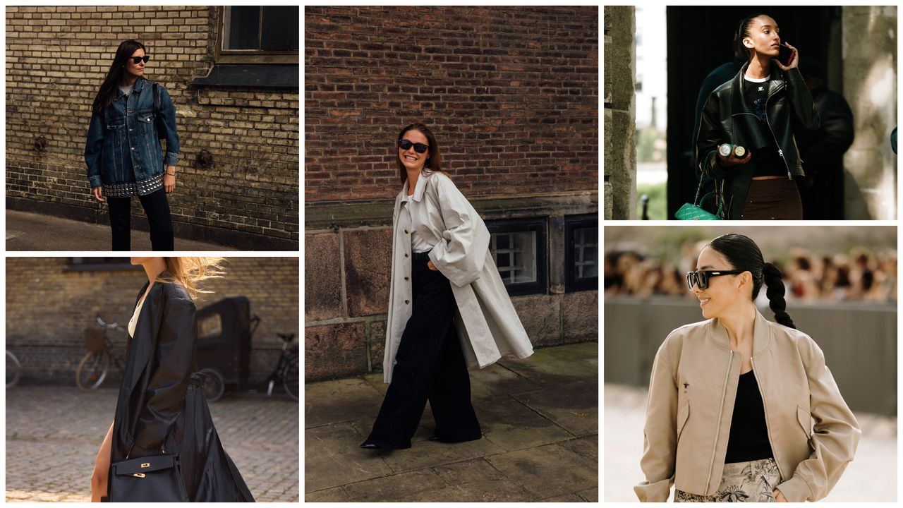 A collage of women wearing the best fall jackets and coats, including leather jackets, trench coats, denim jackets, and bomber jackets