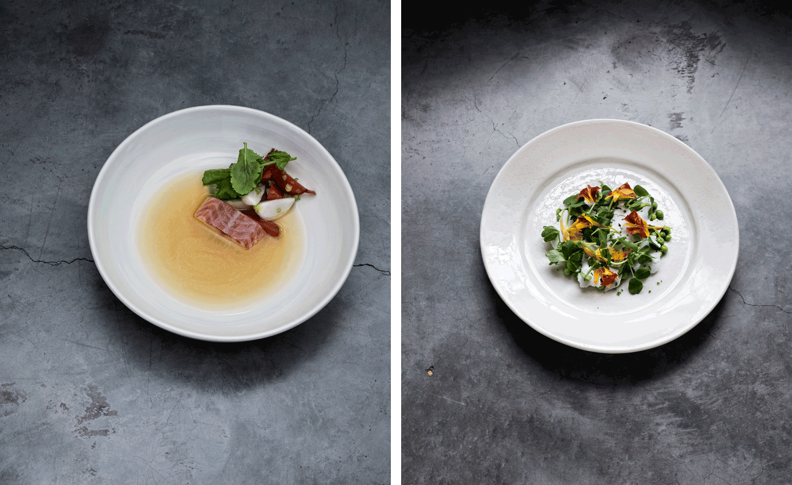 Cuisine from Lyles. Pictured left: eel broth. Right: peas and Ticklemore