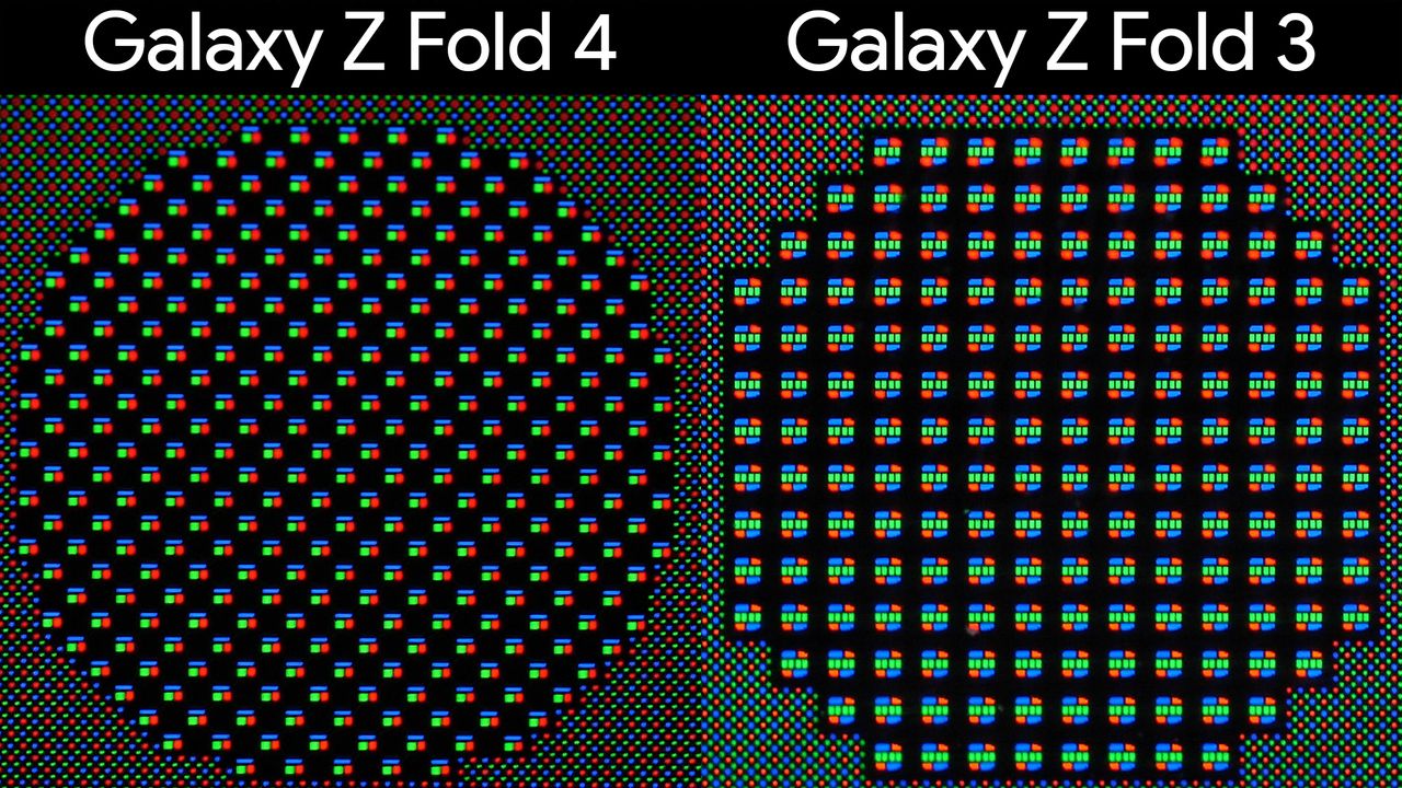 Samsung Galaxy Z Fold 3 vs Fold 4 under display camera sub-pixel composition under a macro camera lens