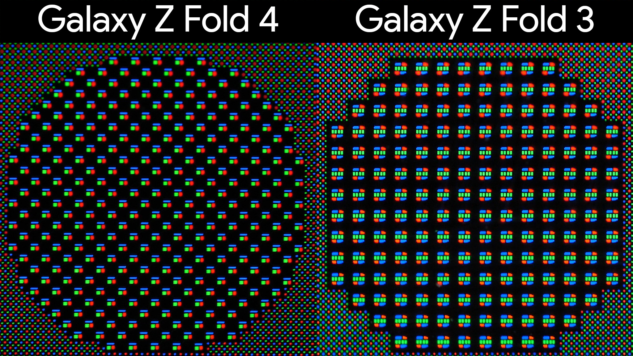 Samsung Galaxy Z Fold 3 vs Fold 4 under display camera sub-pixel composition under a macro camera lens