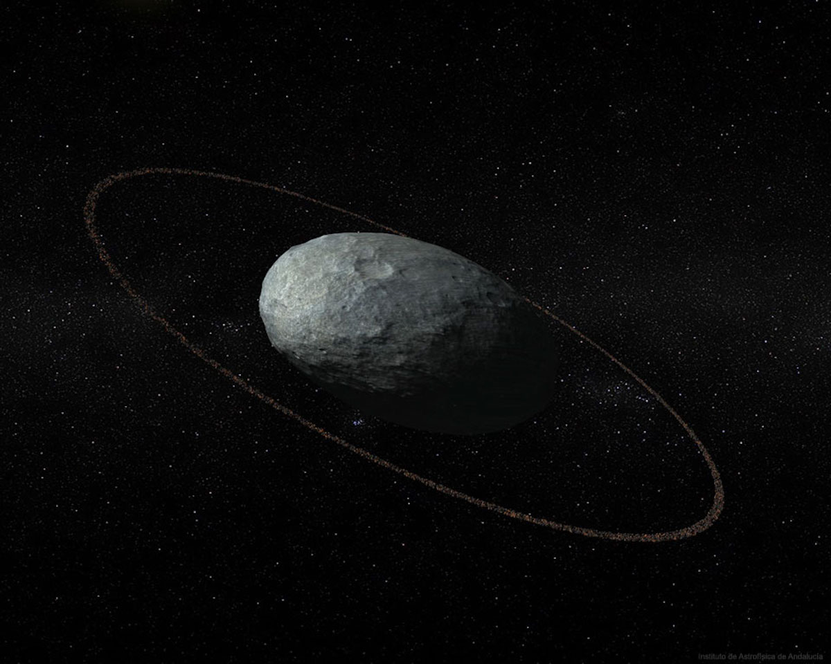 An artist’s illustration of the dwarf planet Haumea, surrounded by its ring.