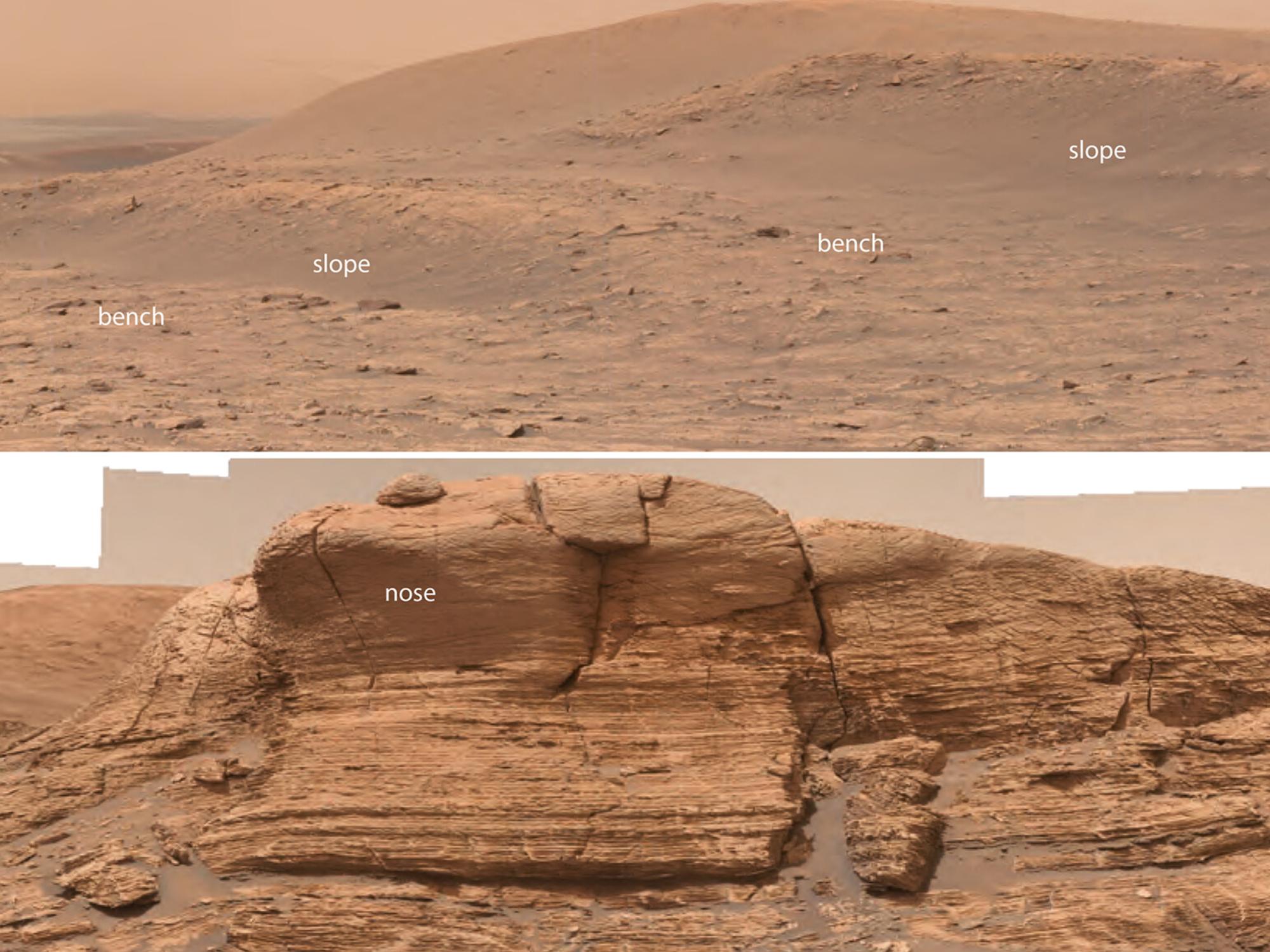 bench-shaped rocks on the red, sandy surface of mars