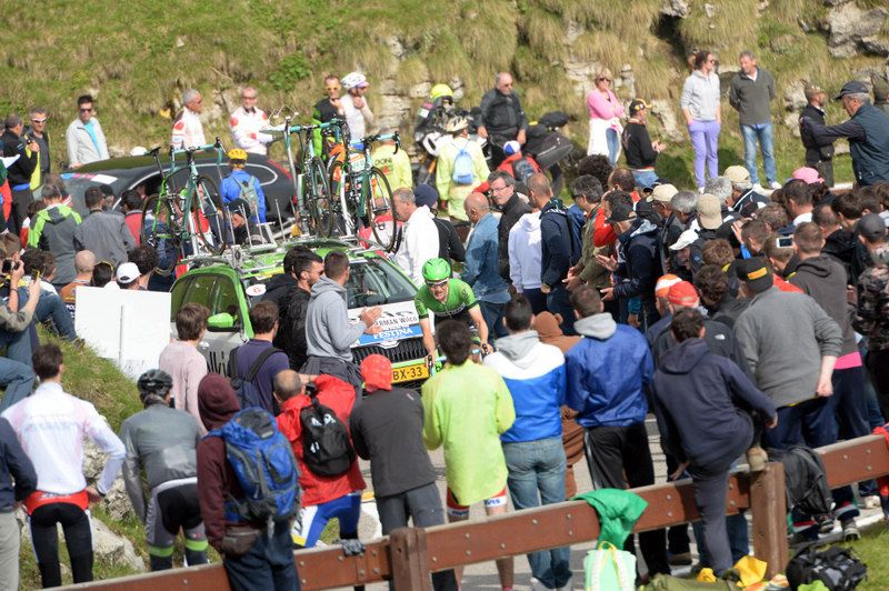 Wilco Kelderman is surrounded by fans on the Monte Grappa