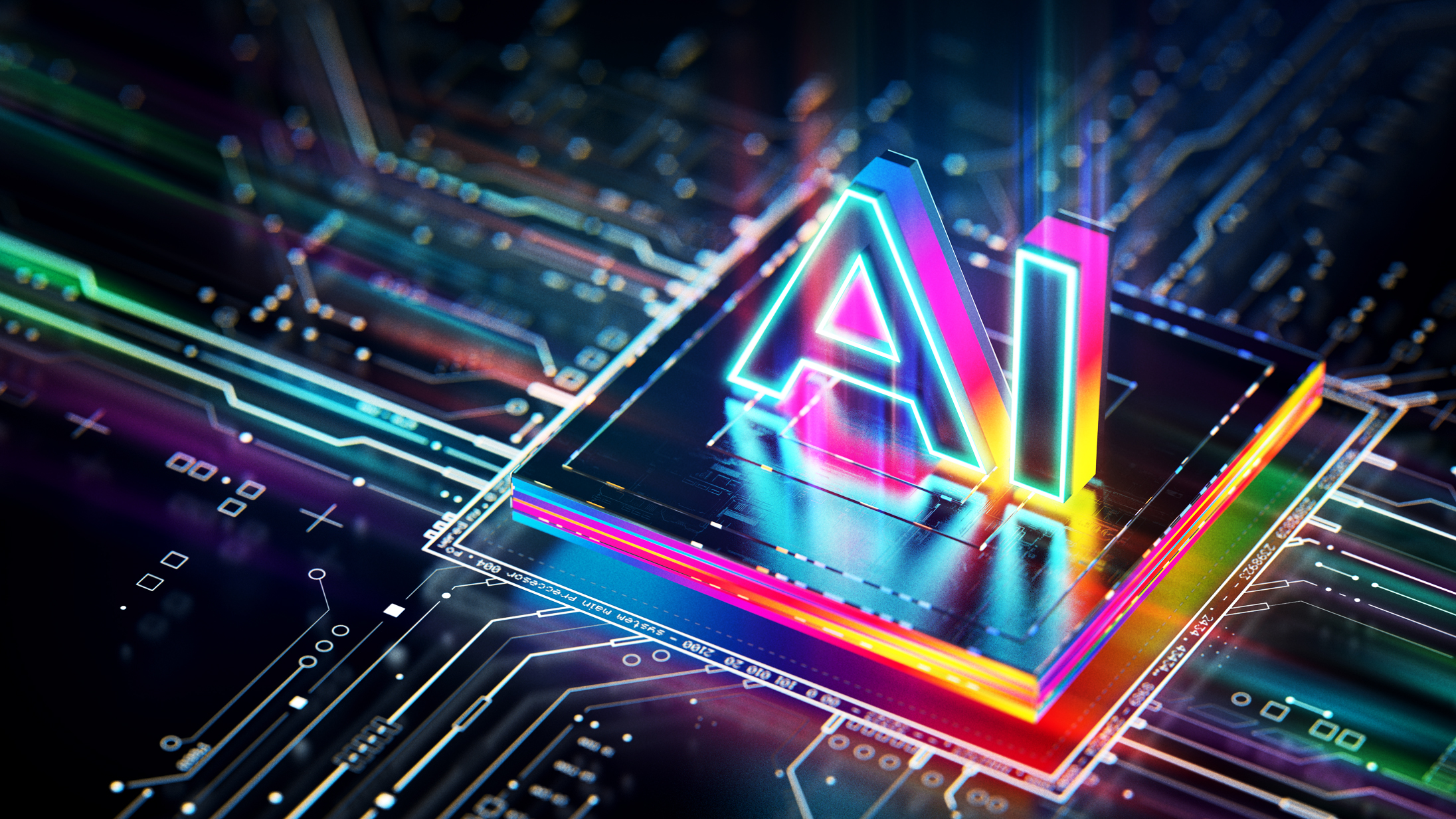 Artificial Intelligence processor unit. Powerful Quantum AI component on PCB motherboard with data transfers.