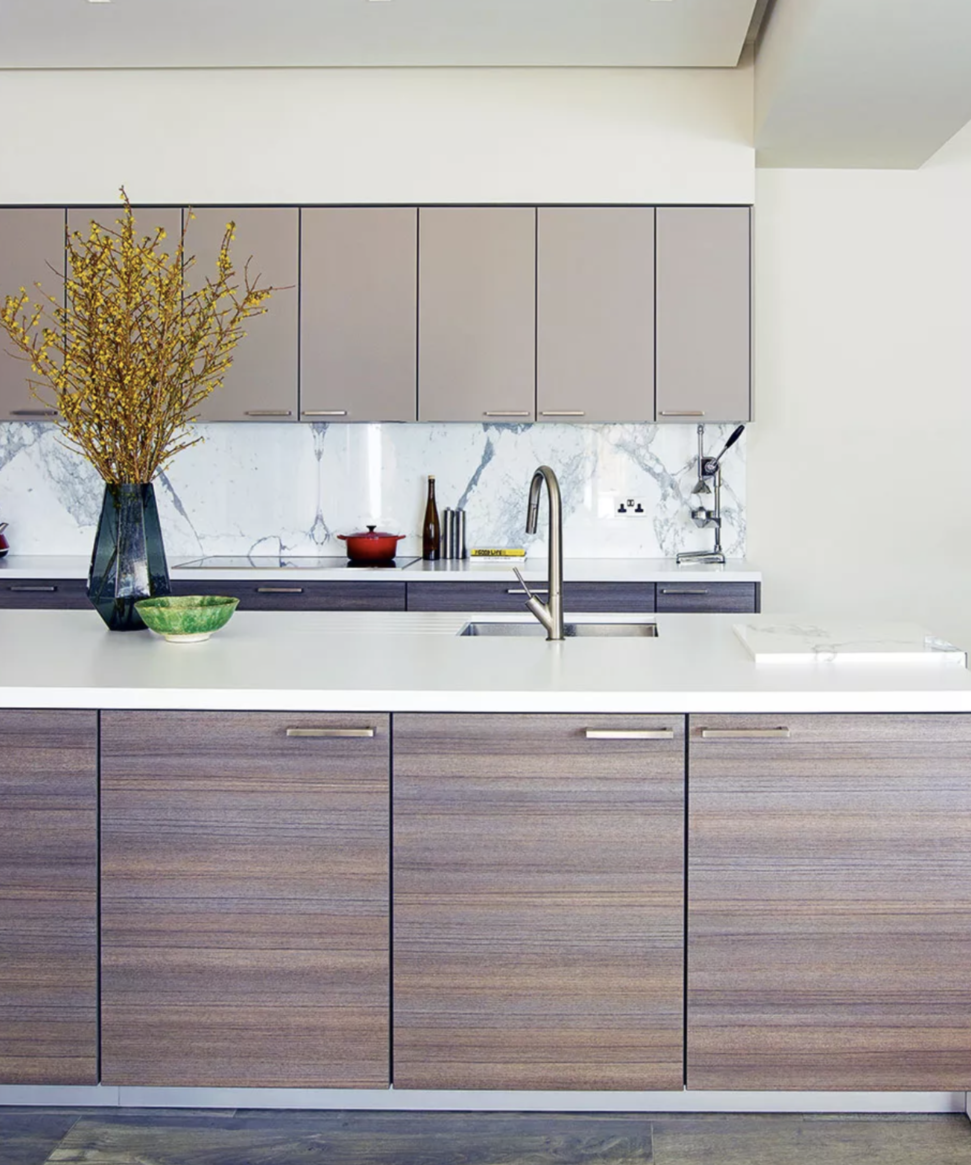 LED kitchen lighting ideas in a modern wooden and white kitchen.