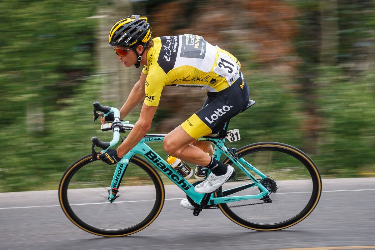 LottoNL-Jumbo's Sepp Kuss in the yellow jersey at the Tour of Utah