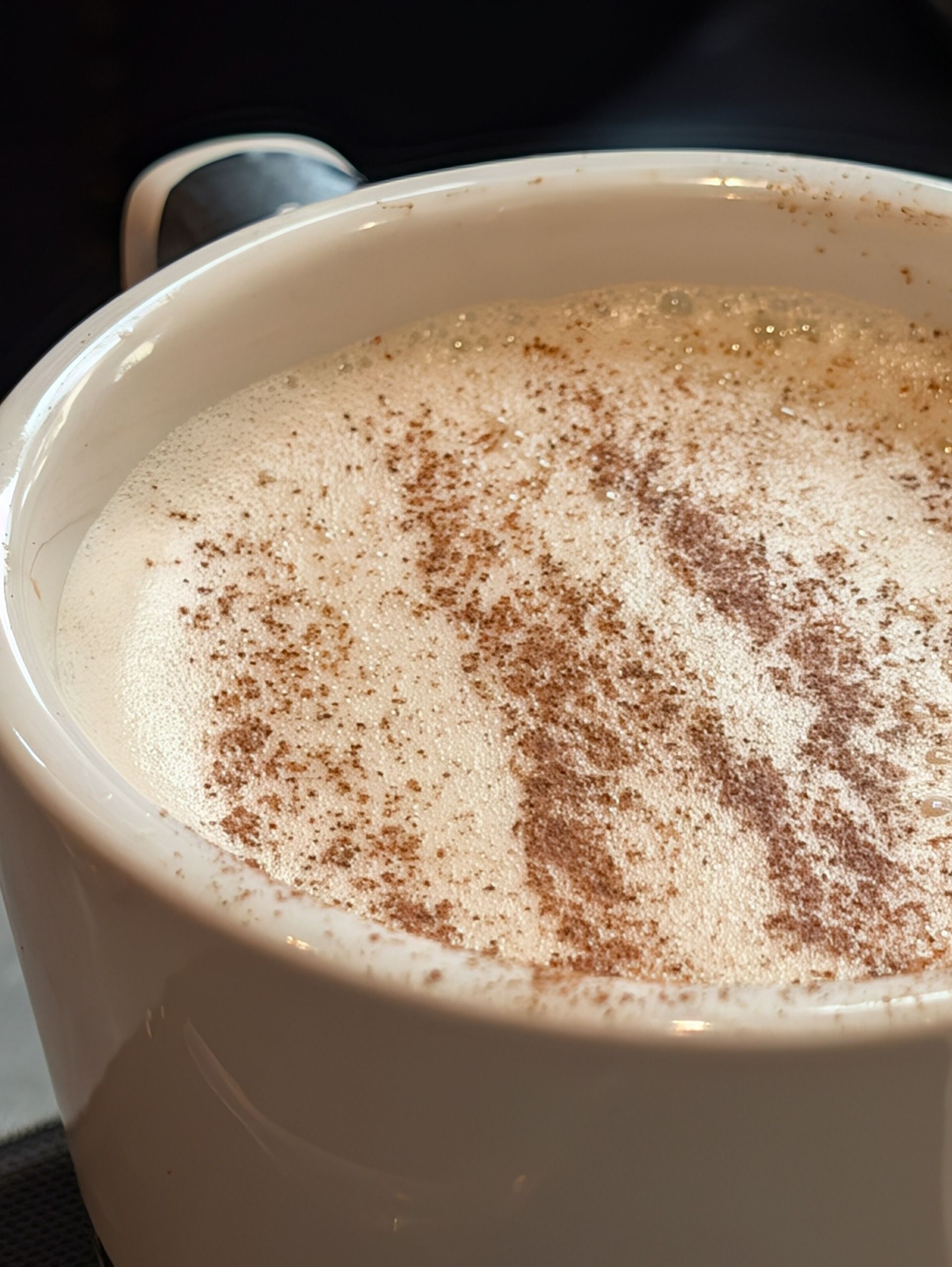 Close-up of a frothy hot drink dusted with cocoa powder in a white cup.