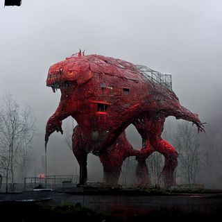 Red monster-like AI construction: Mohamad Rasoul Moosapour's Coexistence/archi-creatures collection