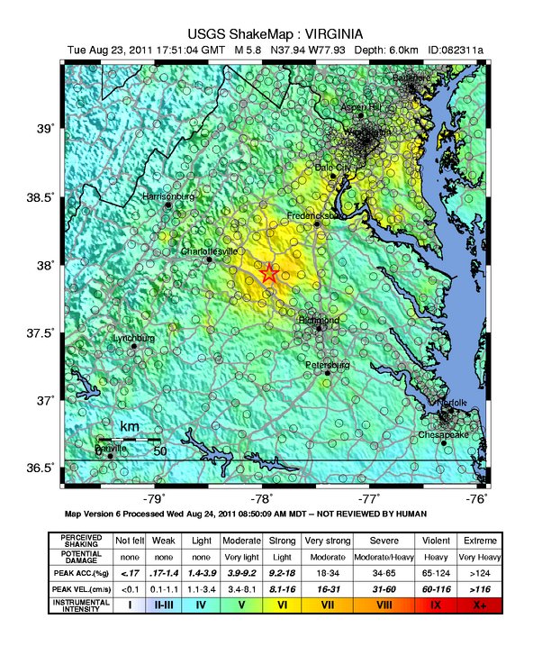 USGS shakemap showing he August 23, 2011, Virginia earthquake.