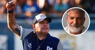 Diego Armando Maradona head coach of Gimnasia y Esgrima La Plata gestures to supporters during a match between Gimnasia y Esgrima La Plata and Atletico Tucuman as part of Superliga 2019/20 at Estadio Juan Carlos Zerillo on February 29, 2020 in La Plata, Argentina