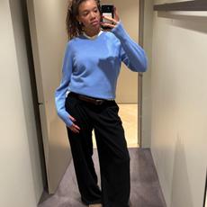 Fashion editor Imani wears COS expensive looking knitwear jumpers. 