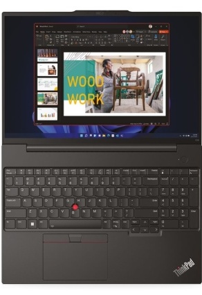 Top-down view of the Lenovo ThinkPad E16 Gen 1's keyboard and monitor