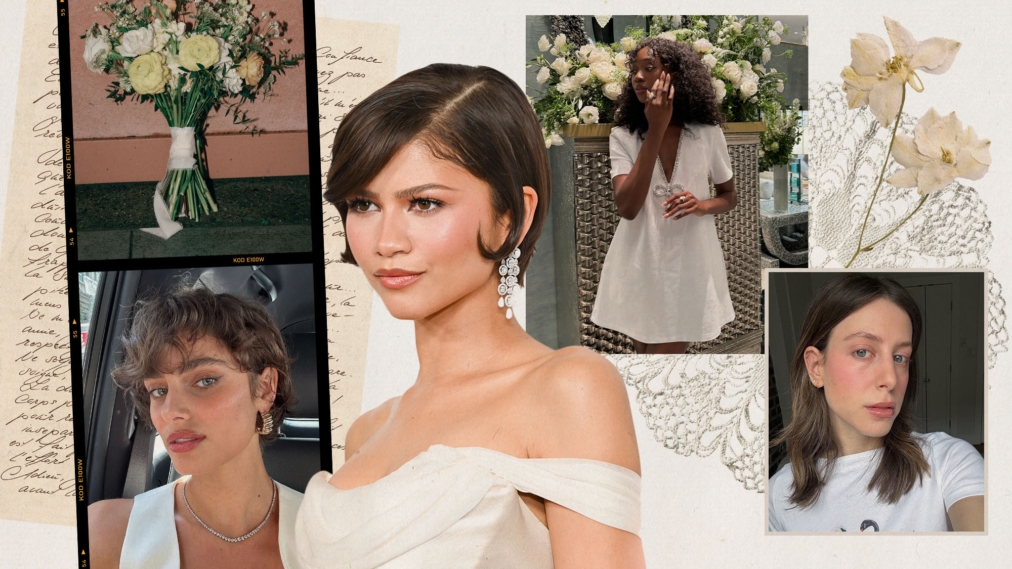 Collage of women with bobs and pixie cuts and bridal bouquets 