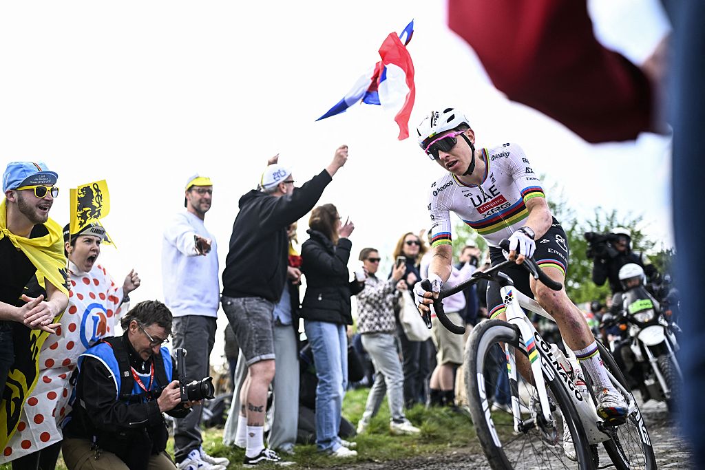 Slovenian Tadej Pogacar of UAE Team Emirates pictured in action during the men elite race of the &#039;Paris-Roubaix&#039; one day cycling race, 259,2 km from Compiegne to Roubaix, France, on Sunday 13 April 2025. BELGA PHOTO JASPER JACOBS (Photo by JASPER JACOBS / BELGA MAG / Belga via AFP)
