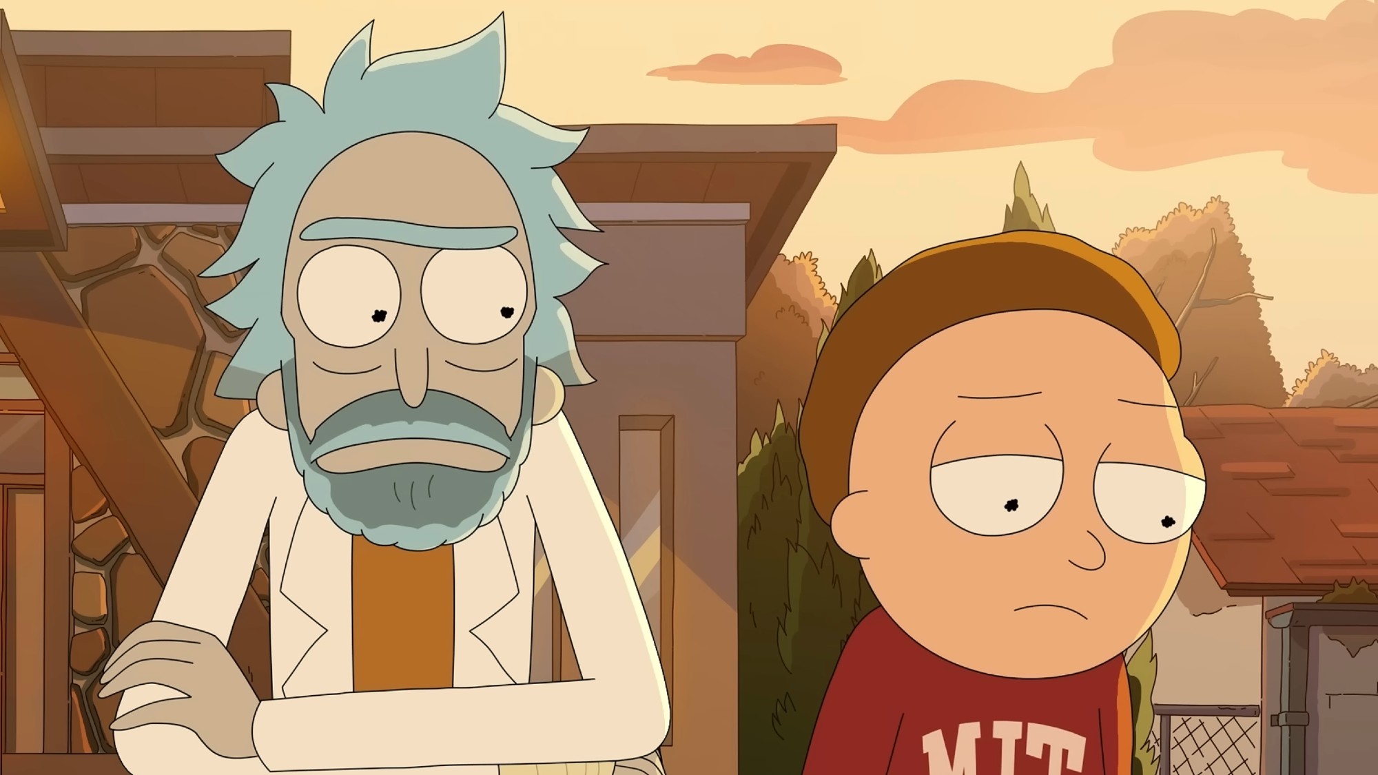 Rick and Morty outside the university. 