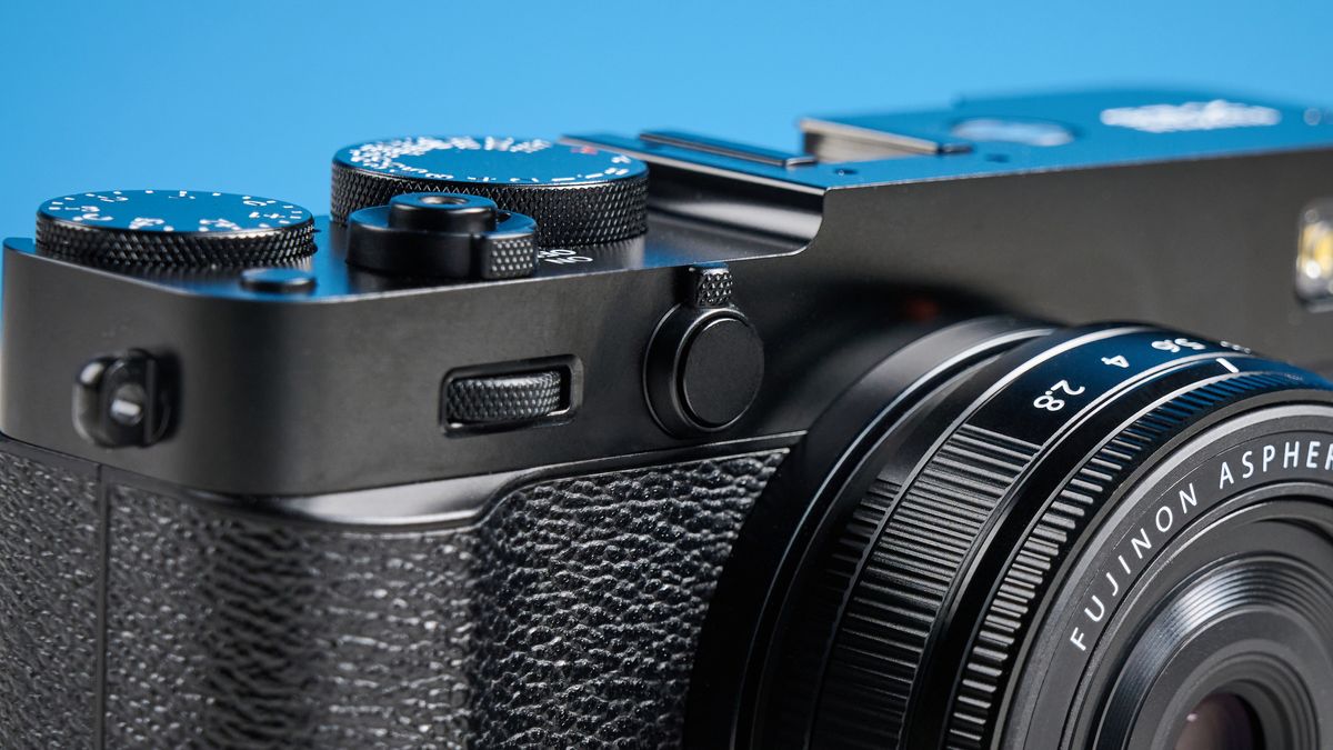 Fujifilm X-E5 against a blue background