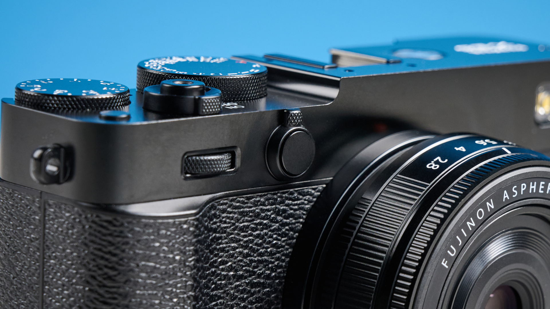 Fujifilm X-E5 against a blue background