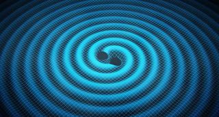 Merging black holes create ripples in space-time in this artist's concept. Experiments are searching for these ripples, known as gravitational waves, but none have been detected.