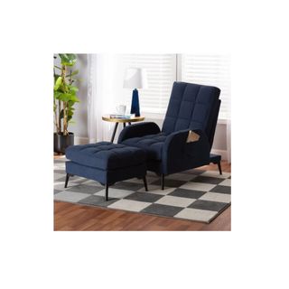 blue lounge chair with foot stool