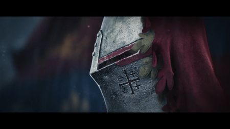 a knight in a helmet with iron crosses decorating the cheeks
