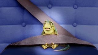 Leo the lizard buckled up with a face of awe in Leo.