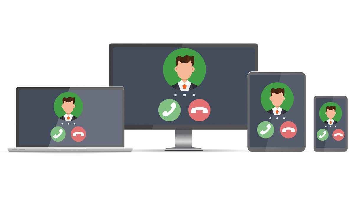 A graphic of a laptop, desktop, tablet and smartphone all showing an incoming VoIP call